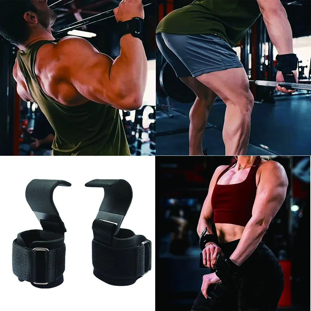 Non-Slip Weight Lifting Hook Grips with Wrist Wraps Hand-Bar Wrist Strap Gym Fitness Hook Weight Strap Pull-Ups Power Gloves